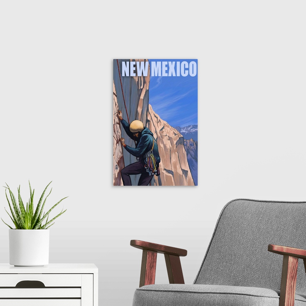 A modern room featuring Retro stylized art poster of a rock climber scaling a rocky cliff.