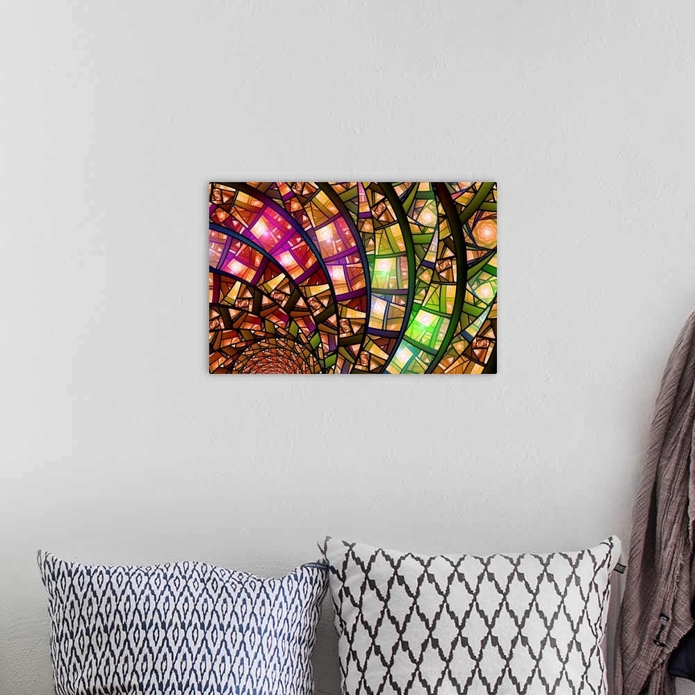A bohemian room featuring Close Up Of Geometric Stained Glass With Sun Shining Through