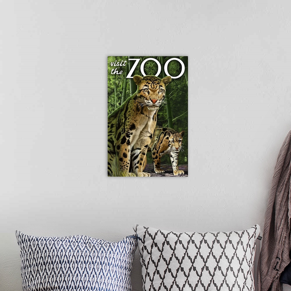 A bohemian room featuring Clouded Leopard - Visit the Zoo: Retro Travel Poster