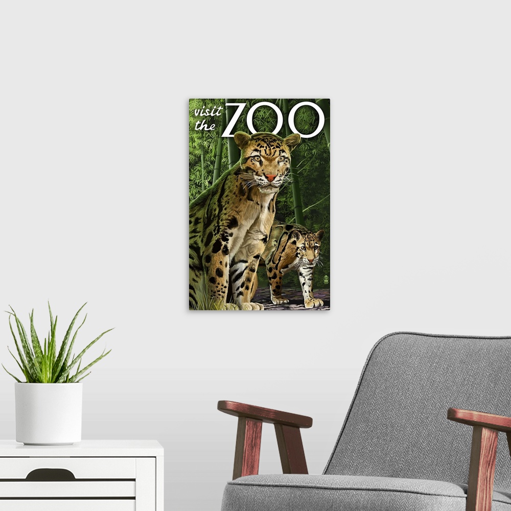 A modern room featuring Clouded Leopard - Visit the Zoo: Retro Travel Poster