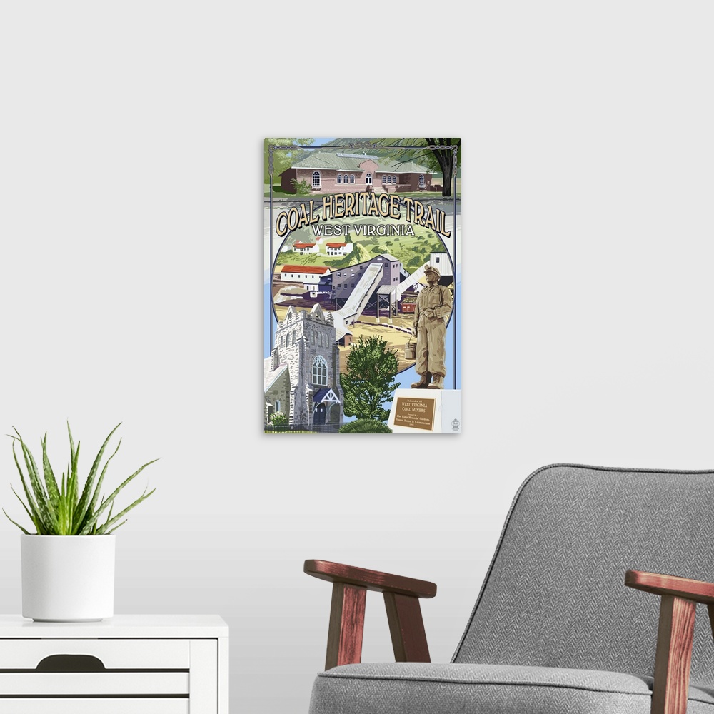 A modern room featuring Coal Heritage Trail, West Virginia - Montage Scenes: Retro Travel Poster