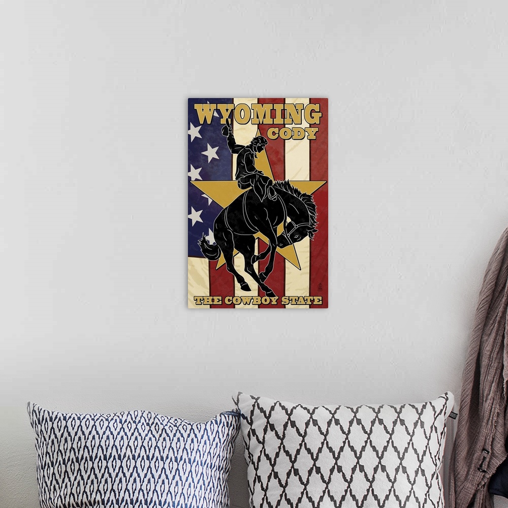 A bohemian room featuring Cody, Wyoming Bucking Bronco: Retro Travel Poster