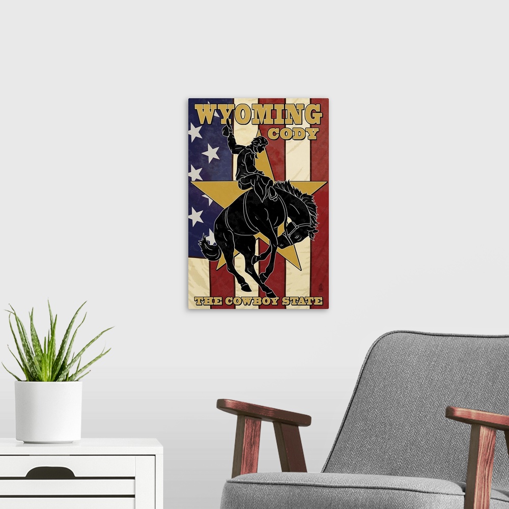 A modern room featuring Cody, Wyoming Bucking Bronco: Retro Travel Poster