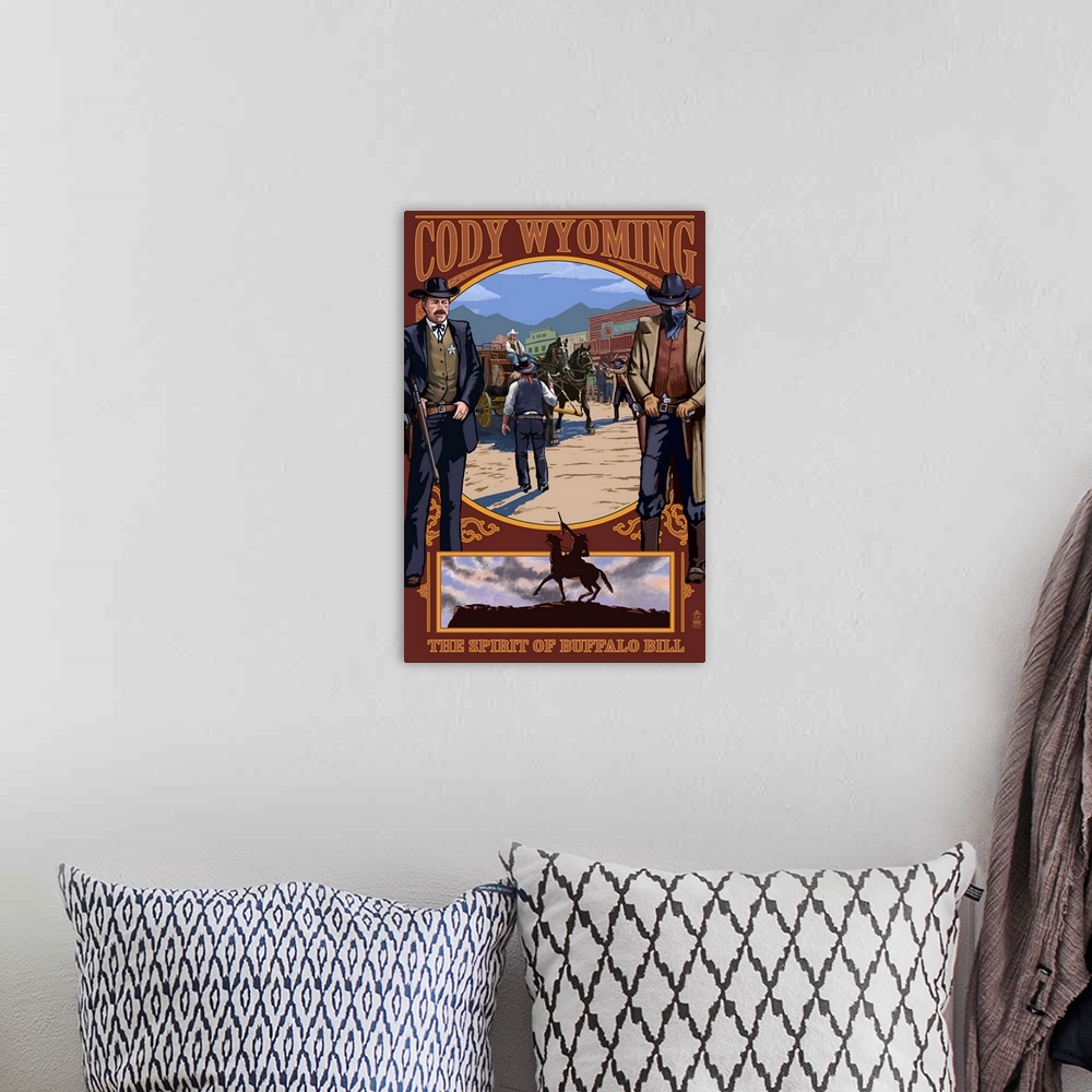 A bohemian room featuring Cody, Wyoming Shootout Scene: Retro Travel Poster