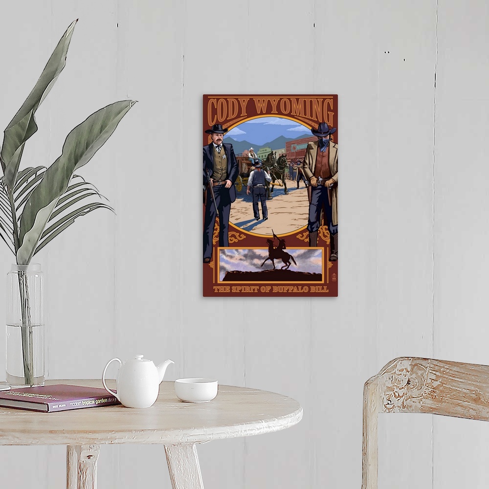 A farmhouse room featuring Cody, Wyoming Shootout Scene: Retro Travel Poster