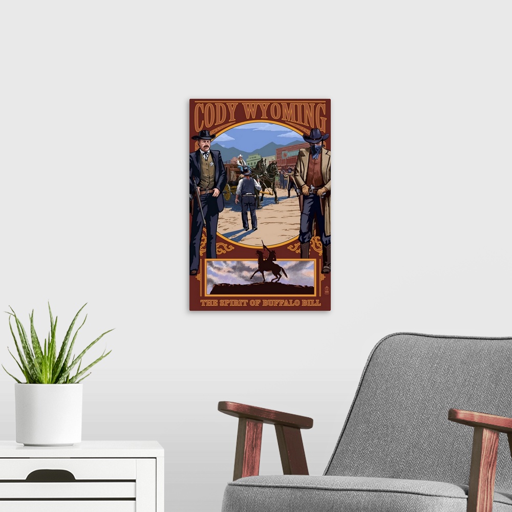 A modern room featuring Cody, Wyoming Shootout Scene: Retro Travel Poster