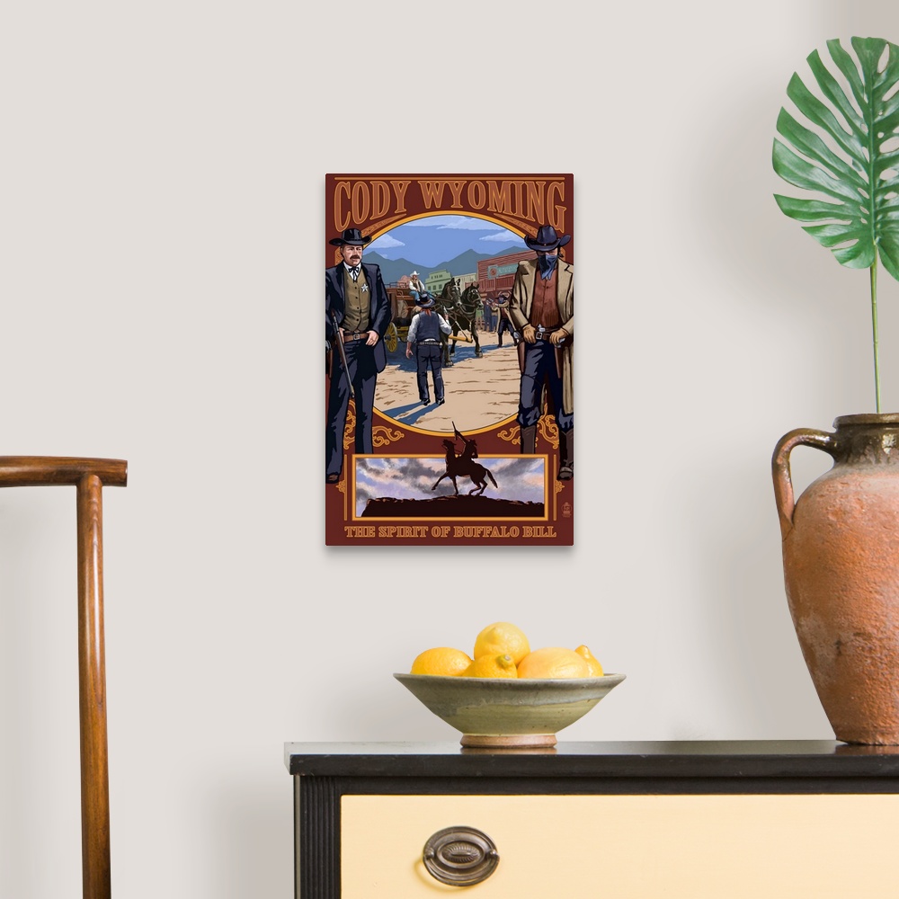 A traditional room featuring Cody, Wyoming Shootout Scene: Retro Travel Poster