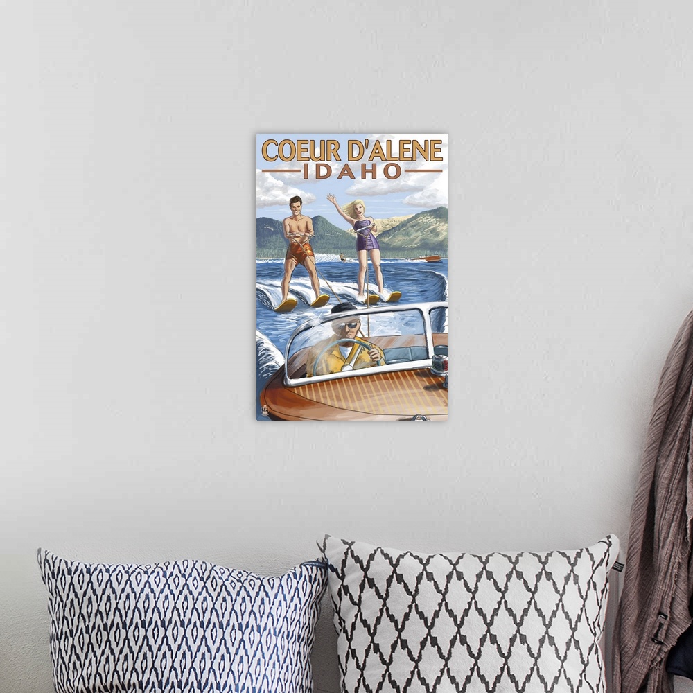A bohemian room featuring Retro stylized art poster of a happy couple water skiing.