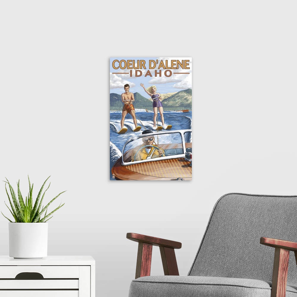A modern room featuring Retro stylized art poster of a happy couple water skiing.
