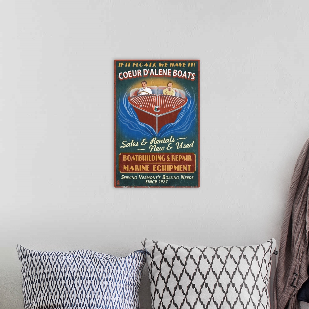A bohemian room featuring Retro stylized art poster of a couple driving a speed wooden boat.