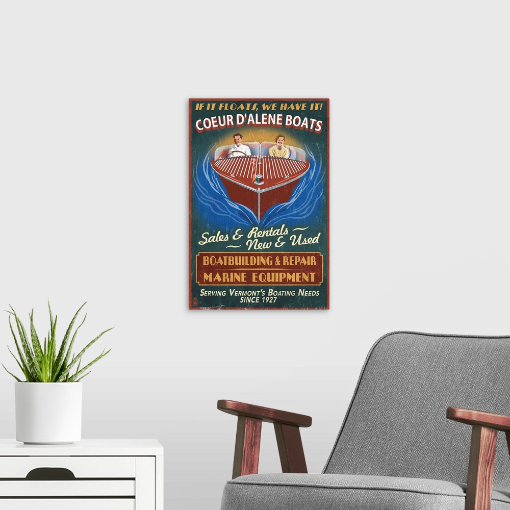 A modern room featuring Retro stylized art poster of a couple driving a speed wooden boat.