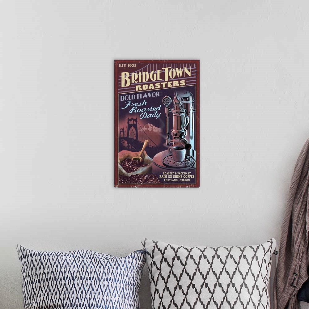 A bohemian room featuring Coffee Roasters Vintage Sign - Portland, Oregon: Retro Travel Poster