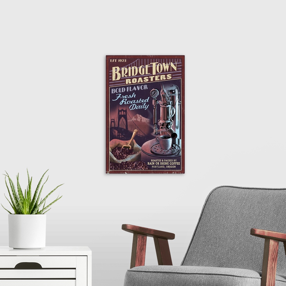A modern room featuring Coffee Roasters Vintage Sign - Portland, Oregon: Retro Travel Poster