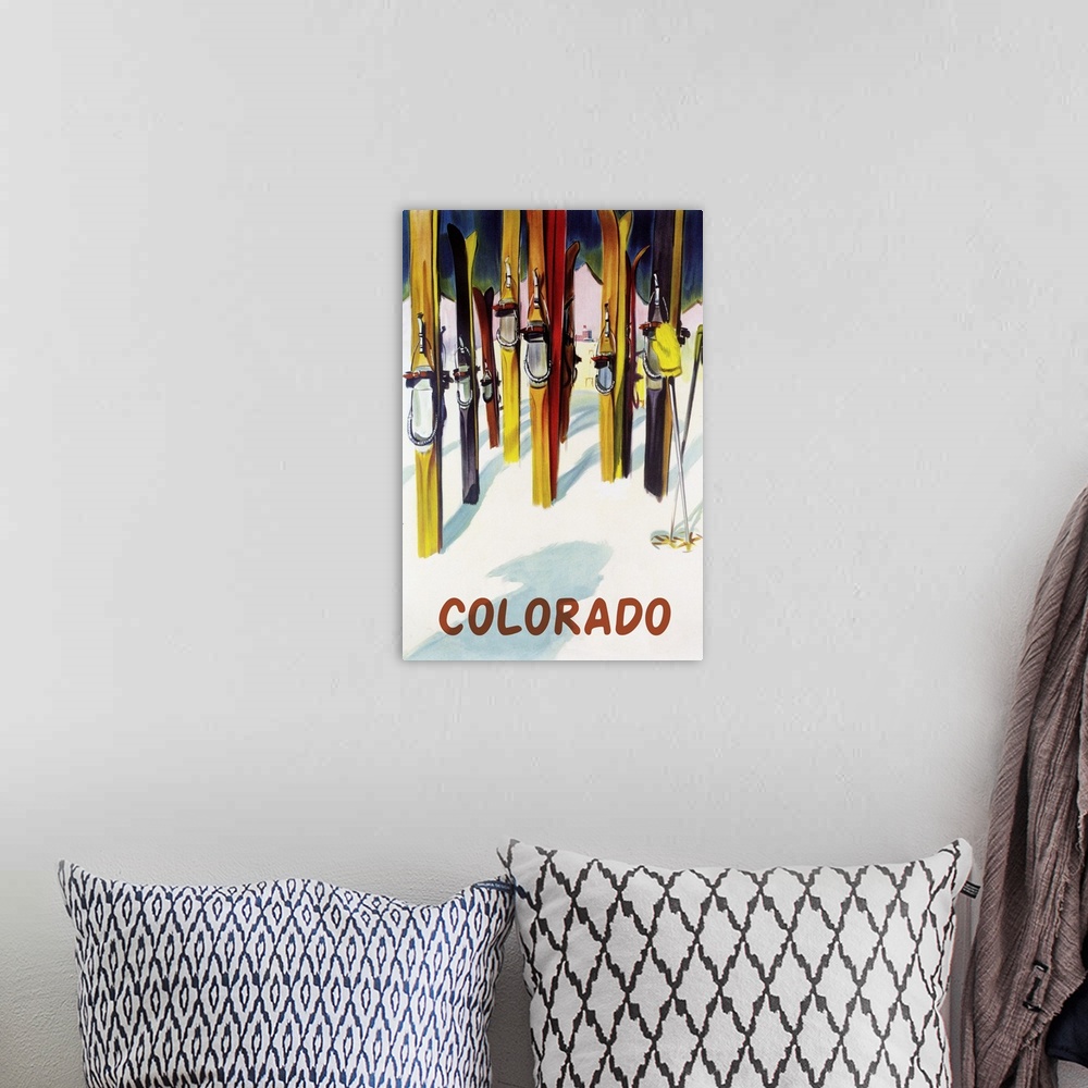 A bohemian room featuring Colorado - Colorful Skis: Retro Travel Poster