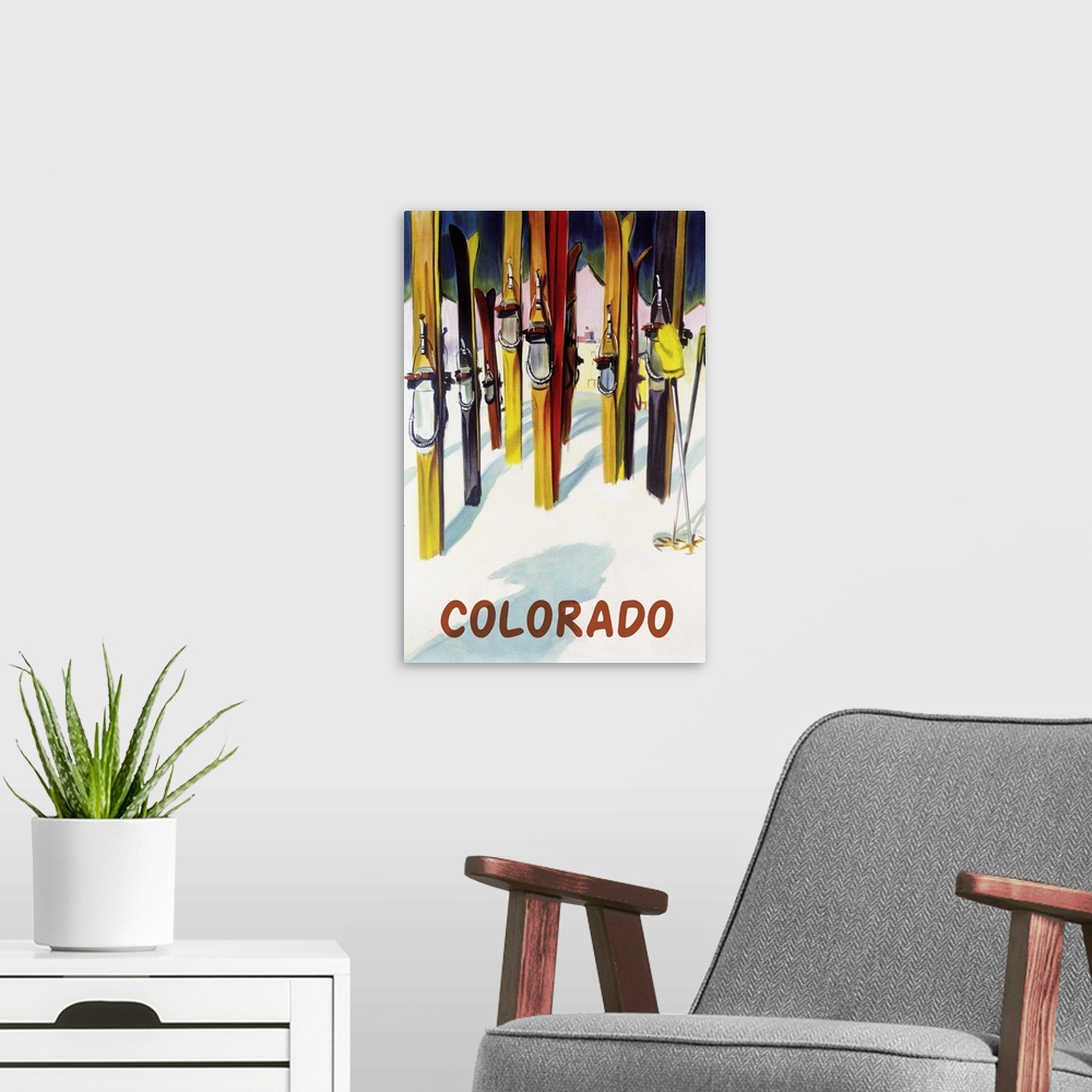 A modern room featuring Colorado - Colorful Skis: Retro Travel Poster