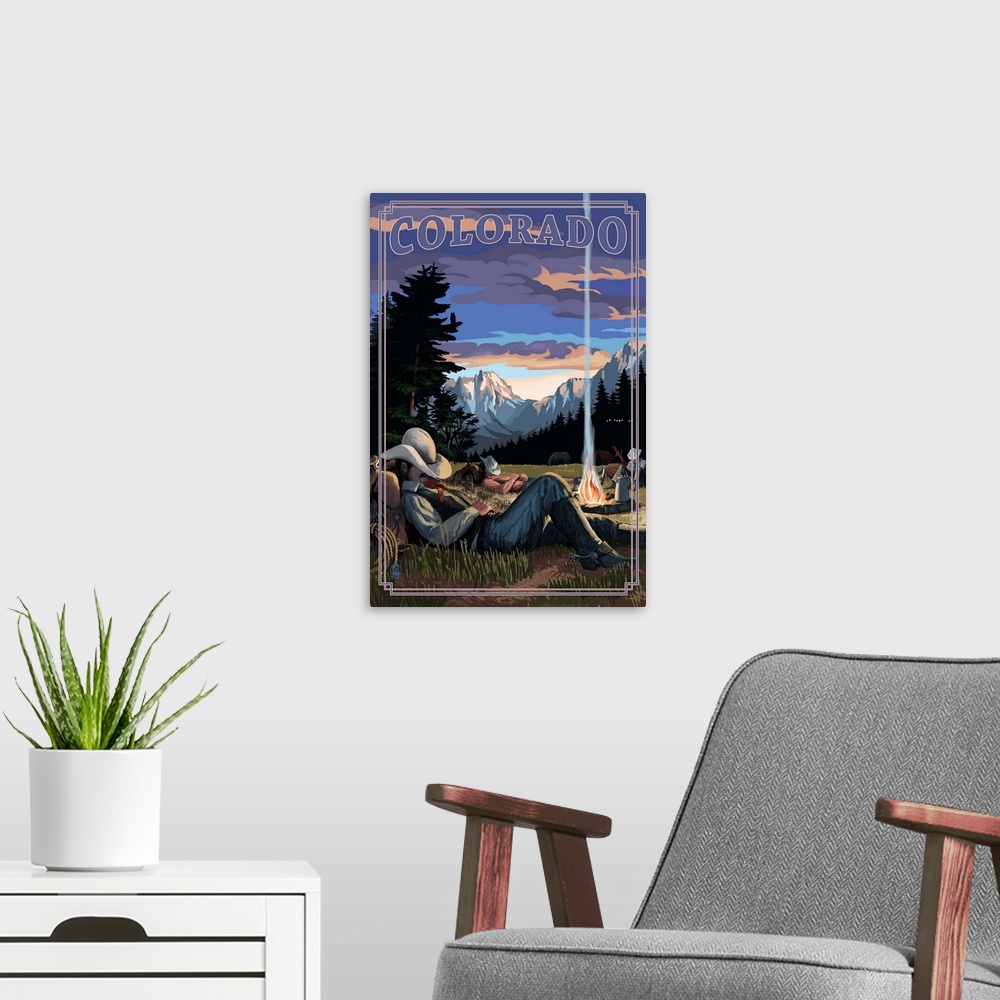 A modern room featuring Colorado - Cowboy Camping Night Scene: Retro Travel Poster