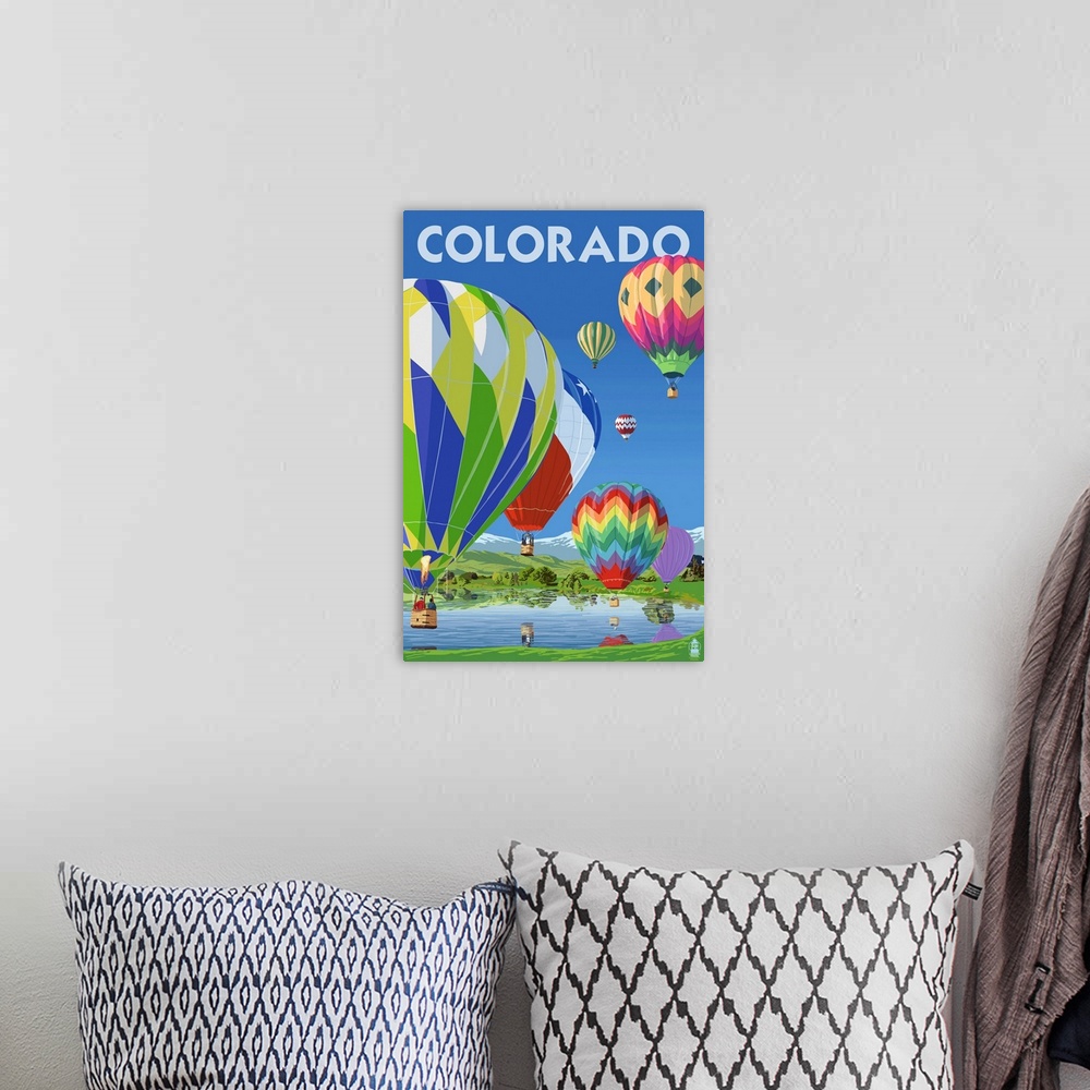 A bohemian room featuring Colorado - Hot Air Balloons: Retro Travel Poster