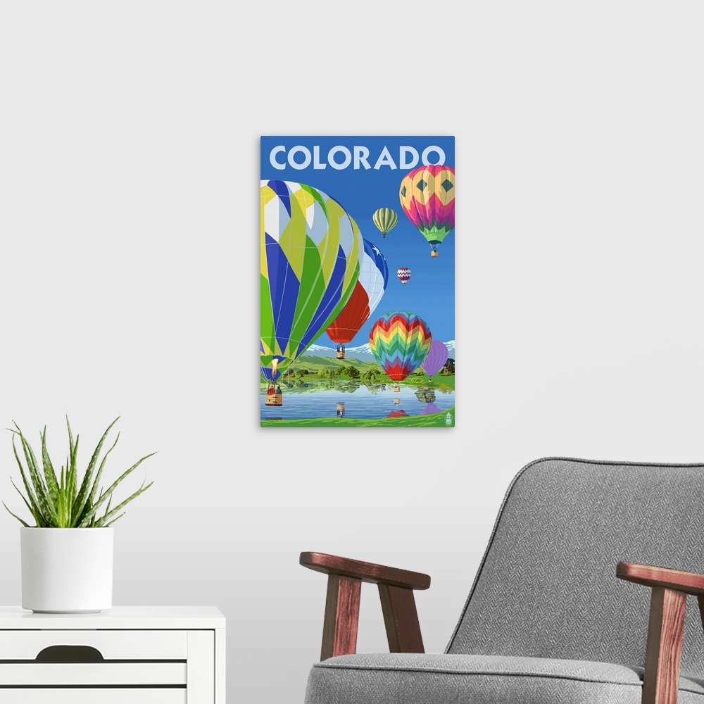 A modern room featuring Colorado - Hot Air Balloons: Retro Travel Poster