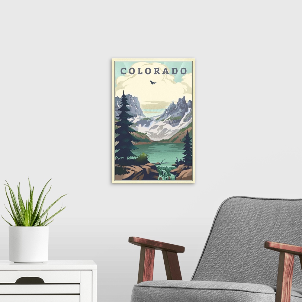A modern room featuring Colorado - Lake - Lithograph