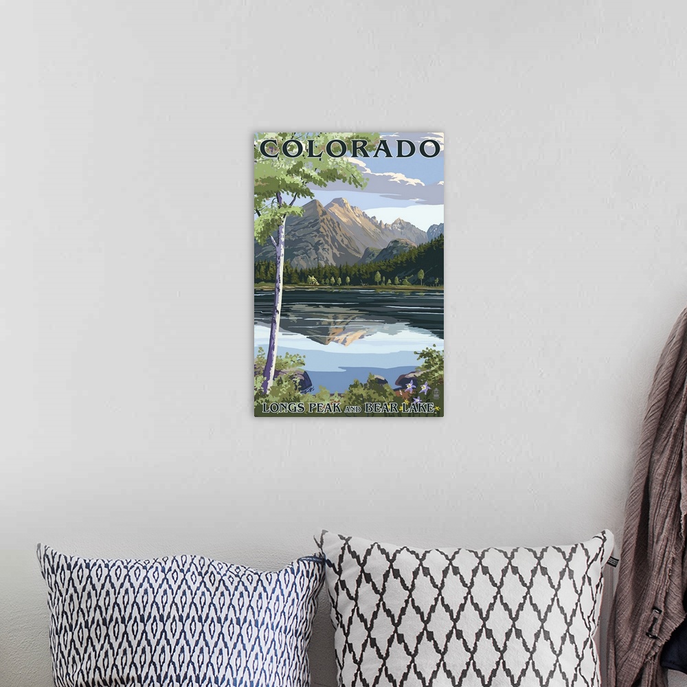 A bohemian room featuring Colorado - Longs Peak and Bear Lake Summer: Retro Travel Poster