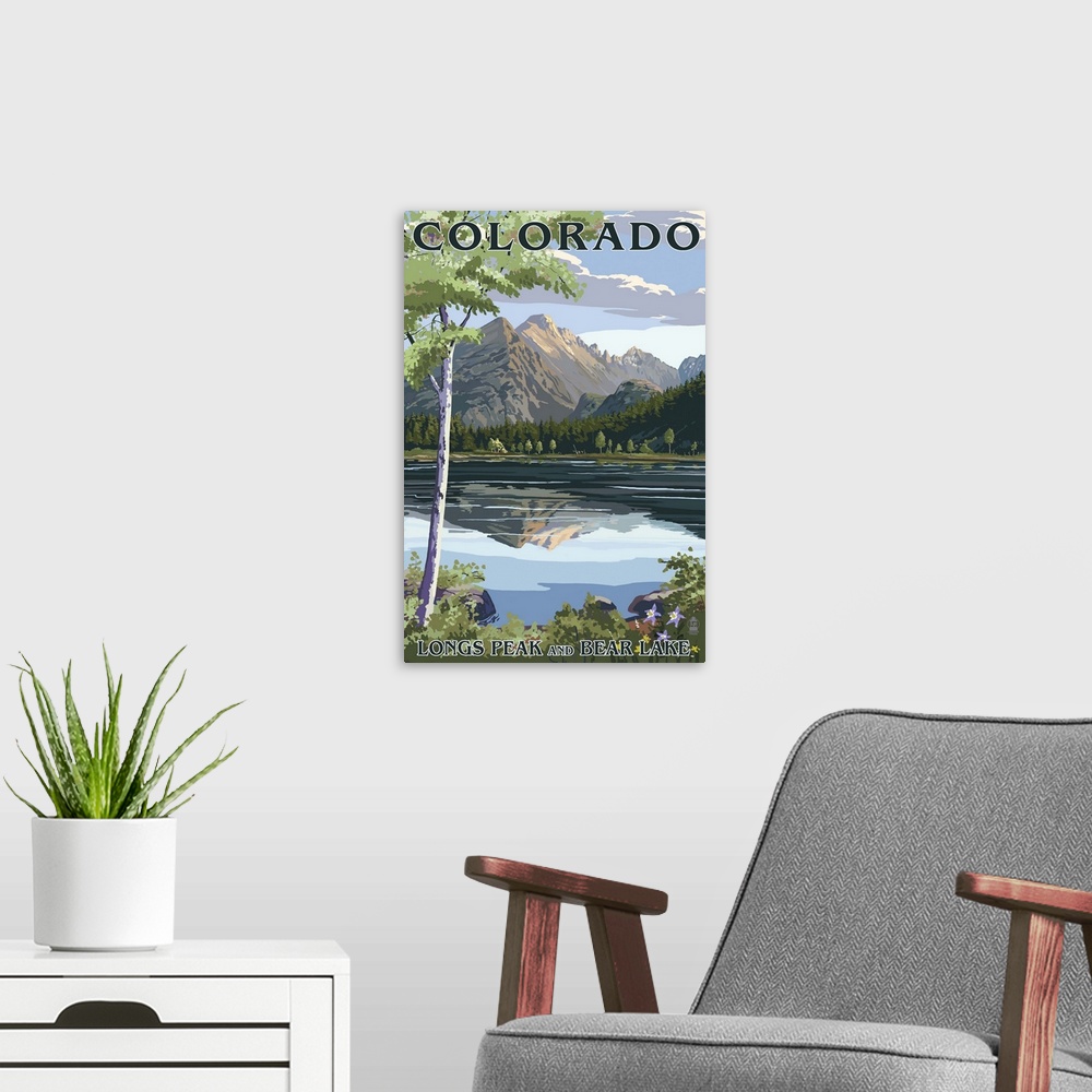 A modern room featuring Colorado - Longs Peak and Bear Lake Summer: Retro Travel Poster