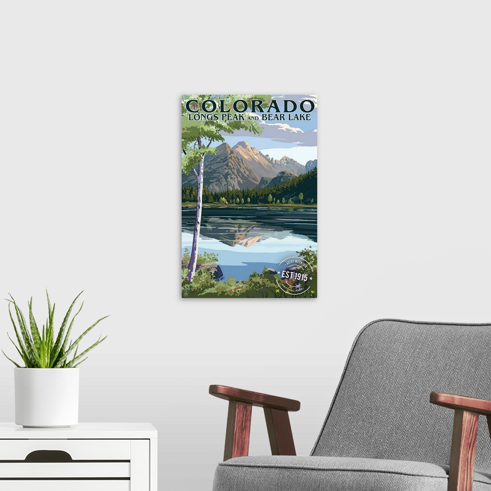A modern room featuring Colorado, Longs Peak and Bear Lake Summer, Rubber Stamp