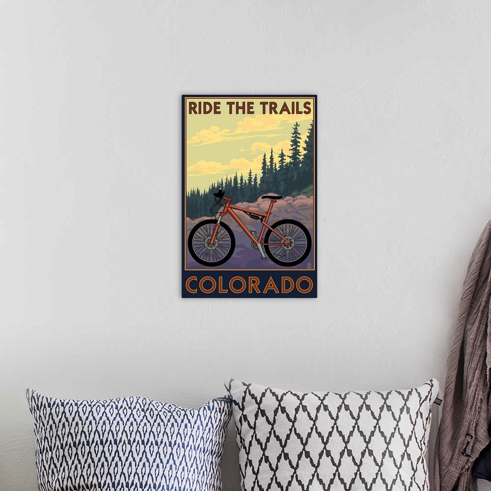 A bohemian room featuring Colorado - Mountain Bike Scene: Retro Travel Poster