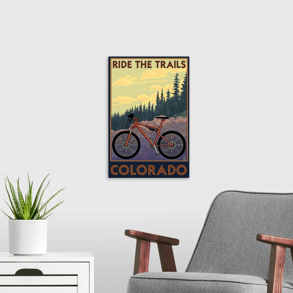 A modern room featuring Colorado - Mountain Bike Scene: Retro Travel Poster