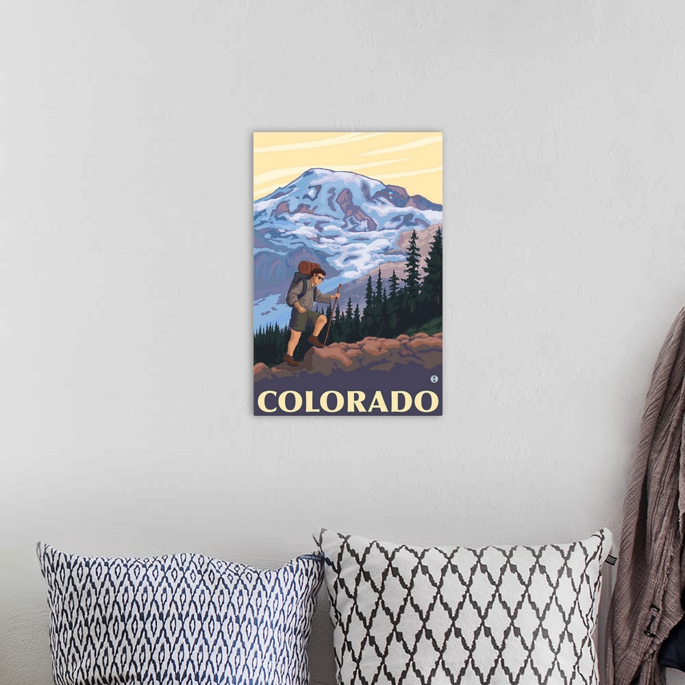 A bohemian room featuring Colorado Mountain Hiker: Retro Travel Poster
