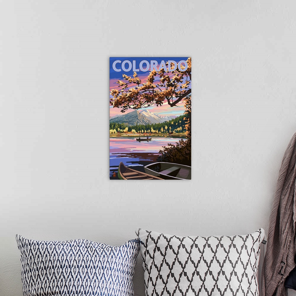 A bohemian room featuring Colorado - Twilight Lake Scene: Retro Travel Poster
