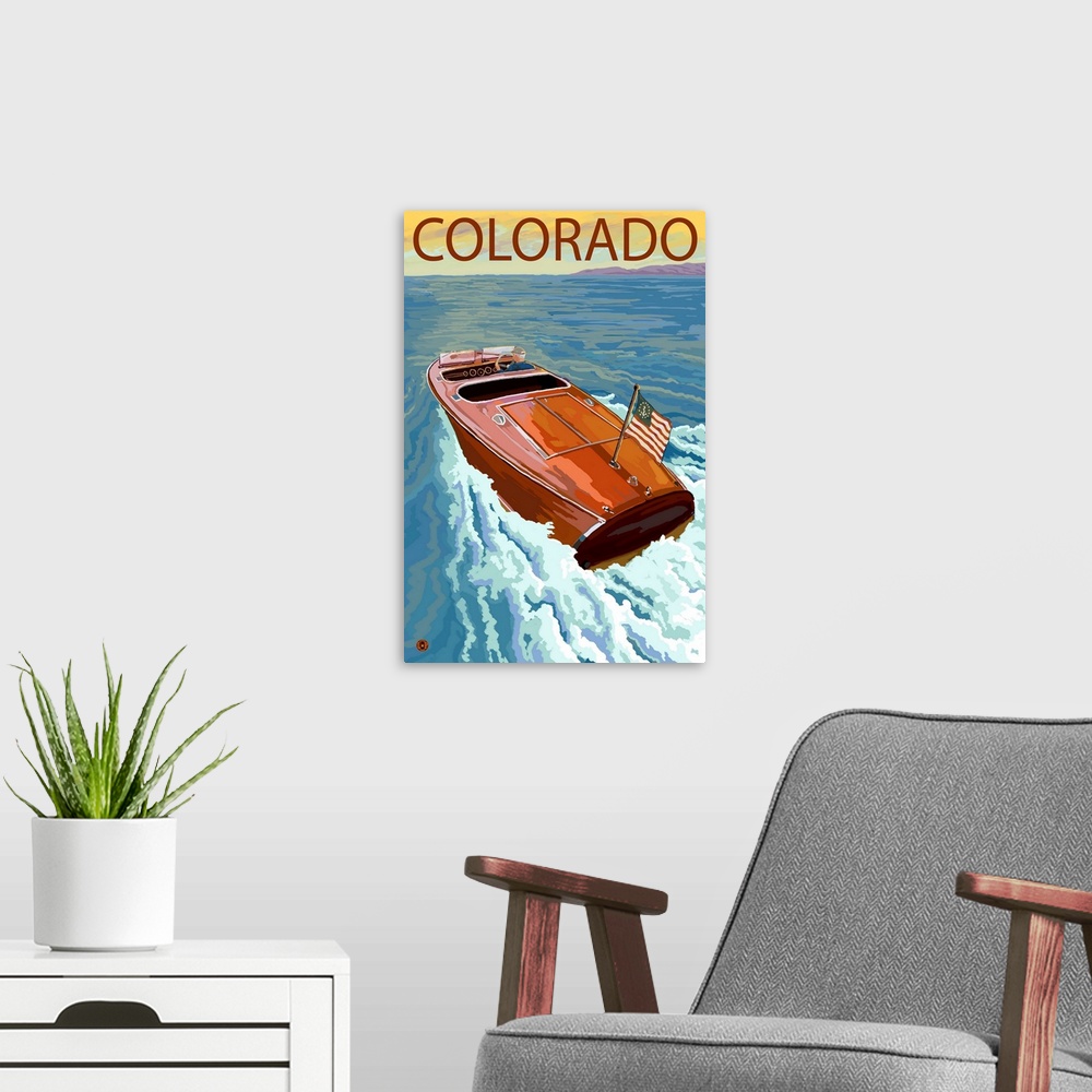 A modern room featuring Colorado - Wooden Boat Scene: Retro Travel Poster