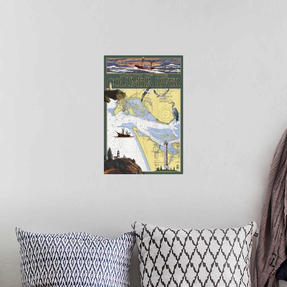 A bohemian room featuring Columbia River Chart and Views: Retro Travel Poster