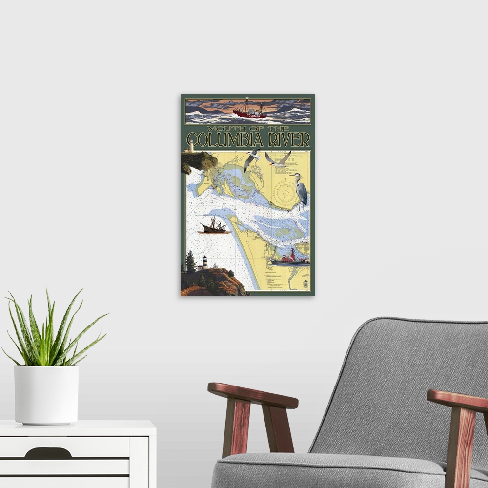 A modern room featuring Columbia River Chart and Views: Retro Travel Poster