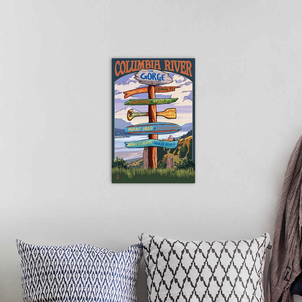 A bohemian room featuring Columbia River Gorge, Oregon Destinations Sign: Retro Travel Poster