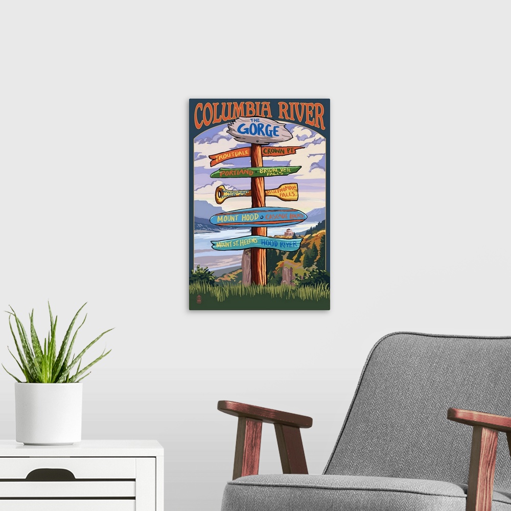A modern room featuring Columbia River Gorge, Oregon Destinations Sign: Retro Travel Poster