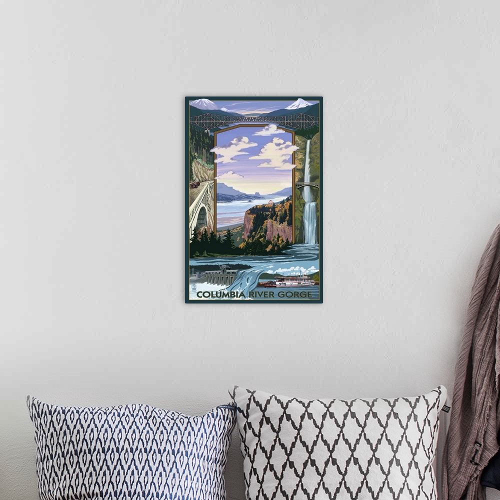 A bohemian room featuring Columbia River Gorge Views: Retro Travel Poster