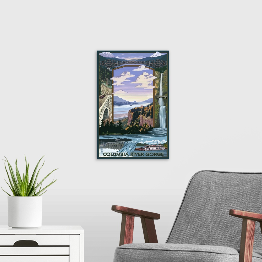 A modern room featuring Columbia River Gorge Views: Retro Travel Poster