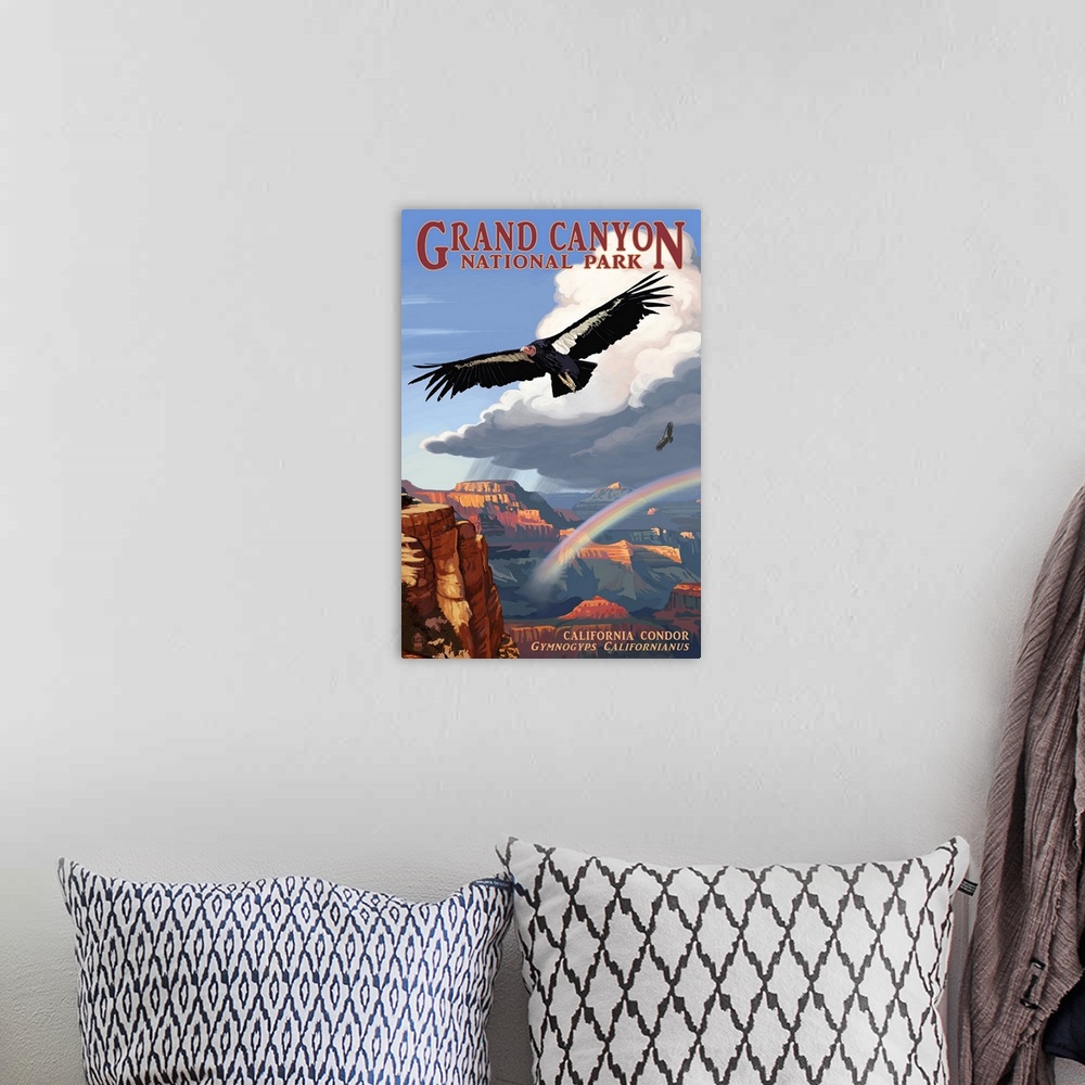 A bohemian room featuring Condor and Rainbow - Grand Canyon National Park: Retro Travel Poster