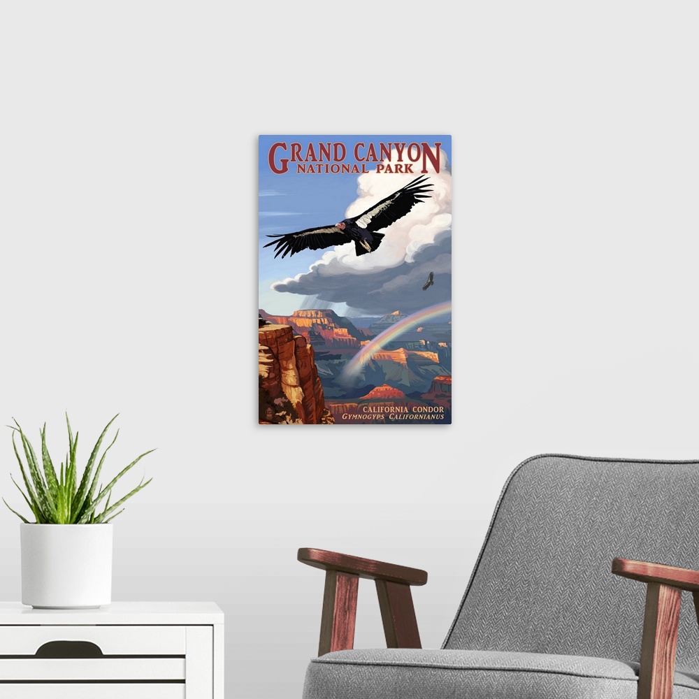 A modern room featuring Condor and Rainbow - Grand Canyon National Park: Retro Travel Poster