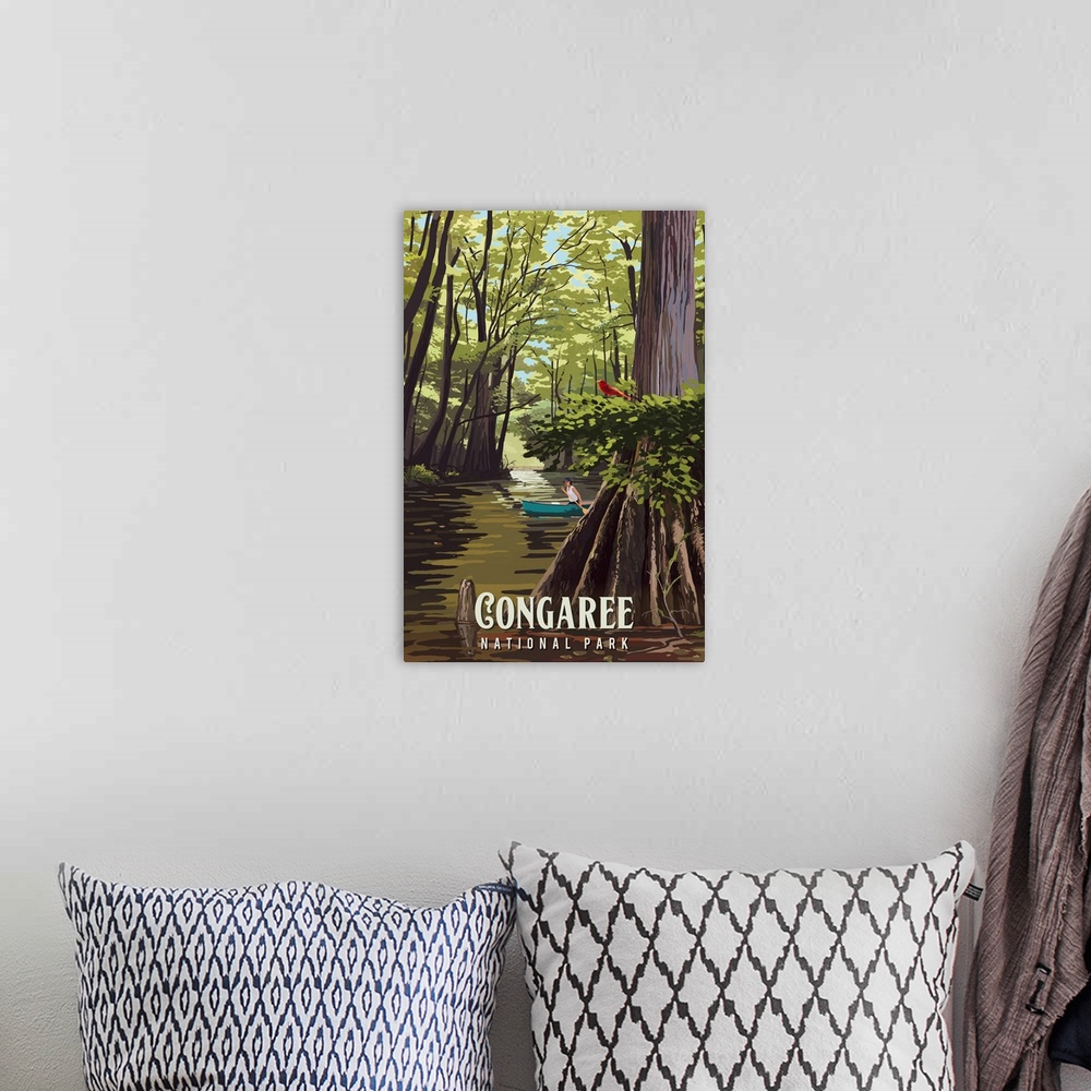 A bohemian room featuring Congaree National Park, Canoeing In Wetlands: Retro Travel Poster