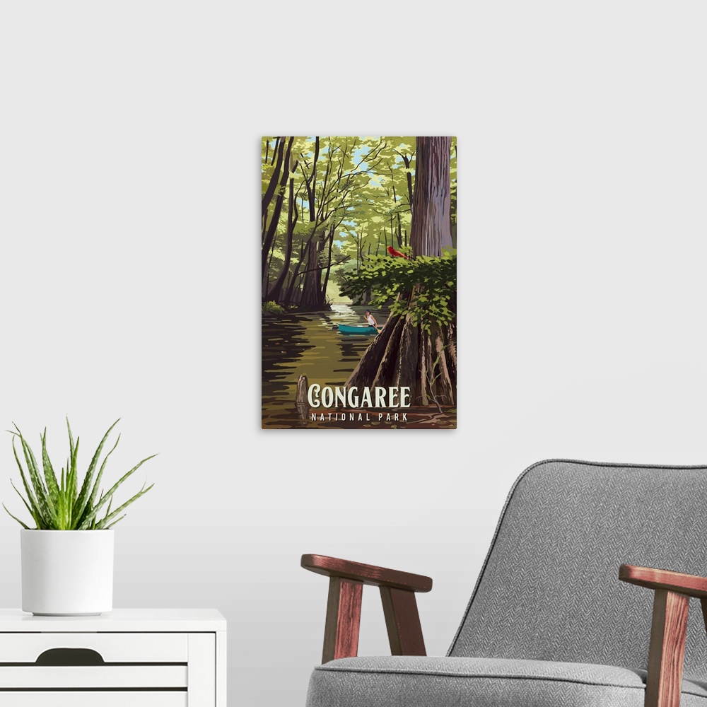 A modern room featuring Congaree National Park, Canoeing In Wetlands: Retro Travel Poster