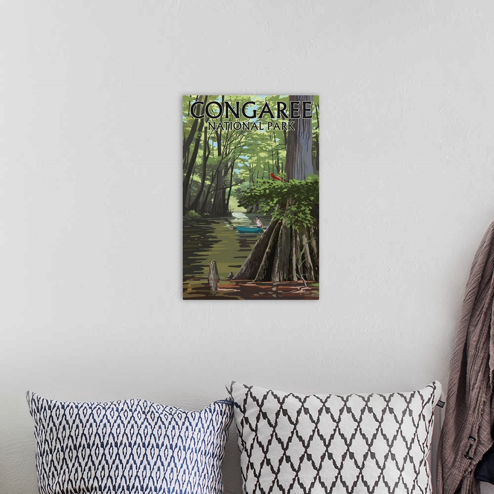 A bohemian room featuring Congaree National Park, Canoeing In Wetlands: Retro Travel Poster