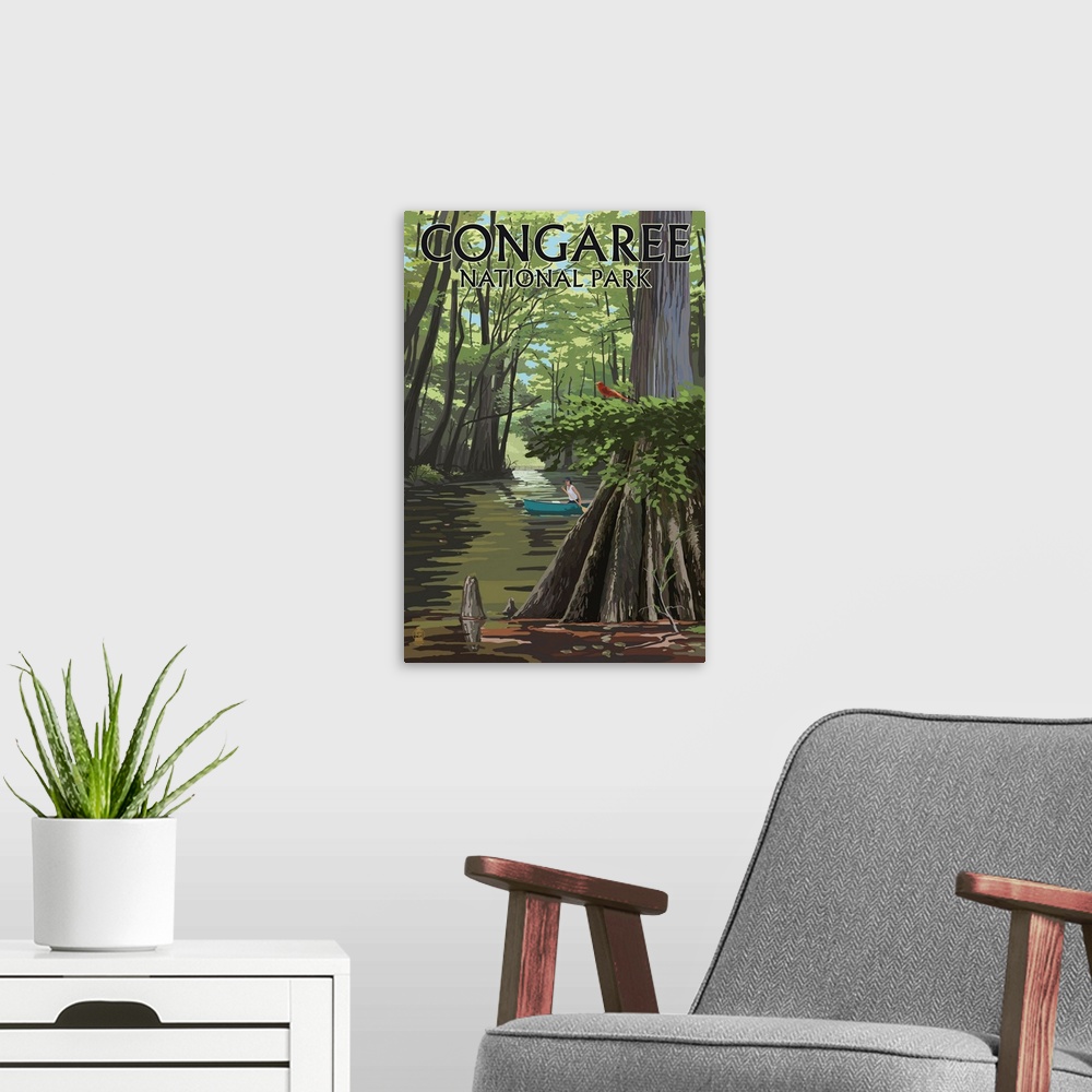 A modern room featuring Congaree National Park, Canoeing In Wetlands: Retro Travel Poster
