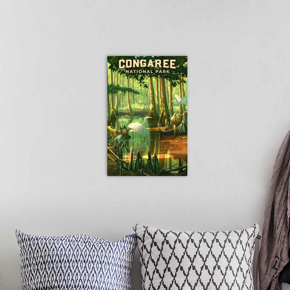 A bohemian room featuring Congaree National Park, Heron In Marshes: Retro Travel Poster