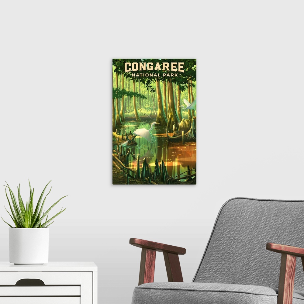 A modern room featuring Congaree National Park, Heron In Marshes: Retro Travel Poster
