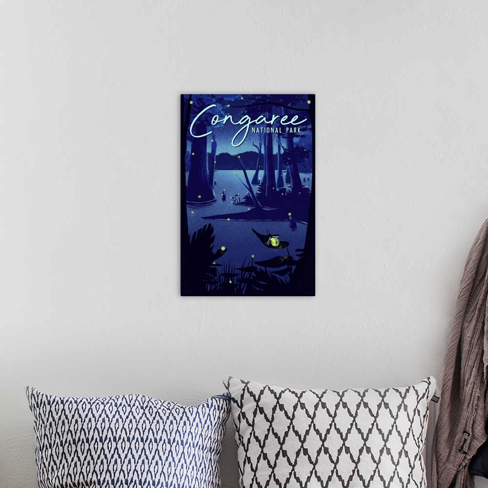 A bohemian room featuring Congaree National Park, Lightning Bugs: Retro Travel Poster