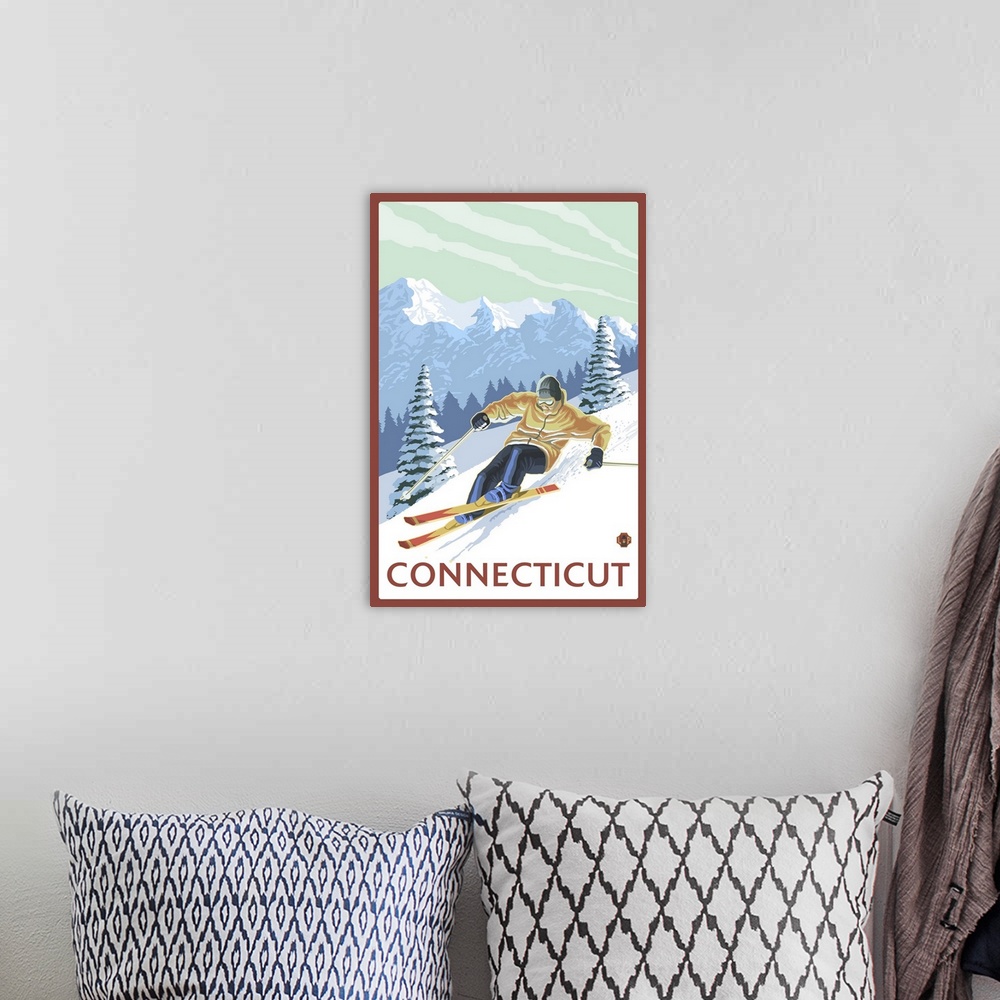 A bohemian room featuring Connecticut - Downhill Skier Scene: Retro Travel Poster