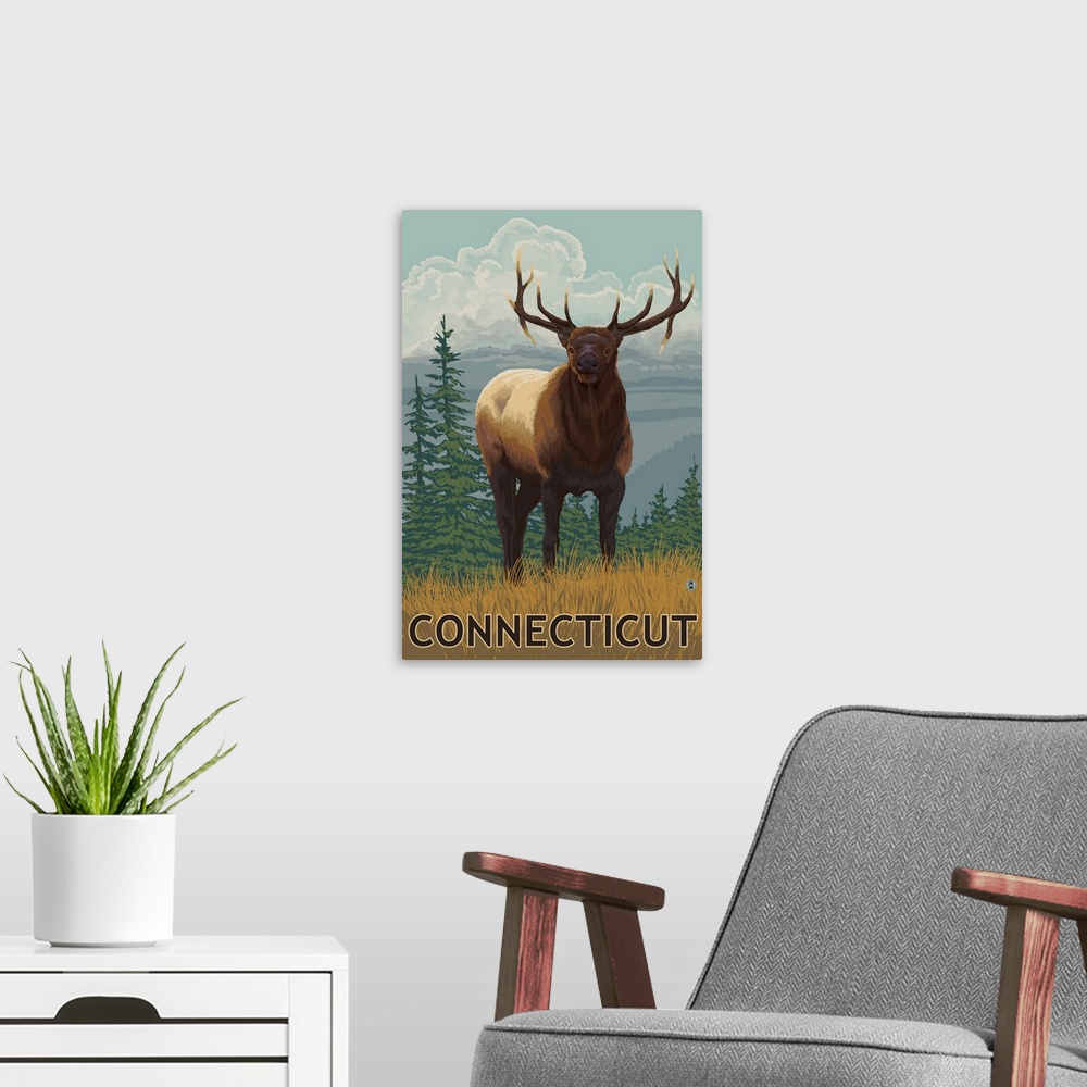 A modern room featuring Connecticut - Elk Scene: Retro Travel Poster