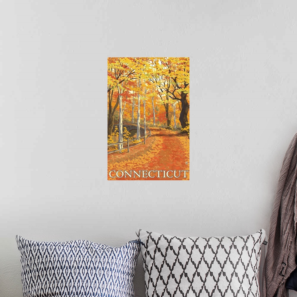 A bohemian room featuring Connecticut - Fall Colors Scene: Retro Travel Poster