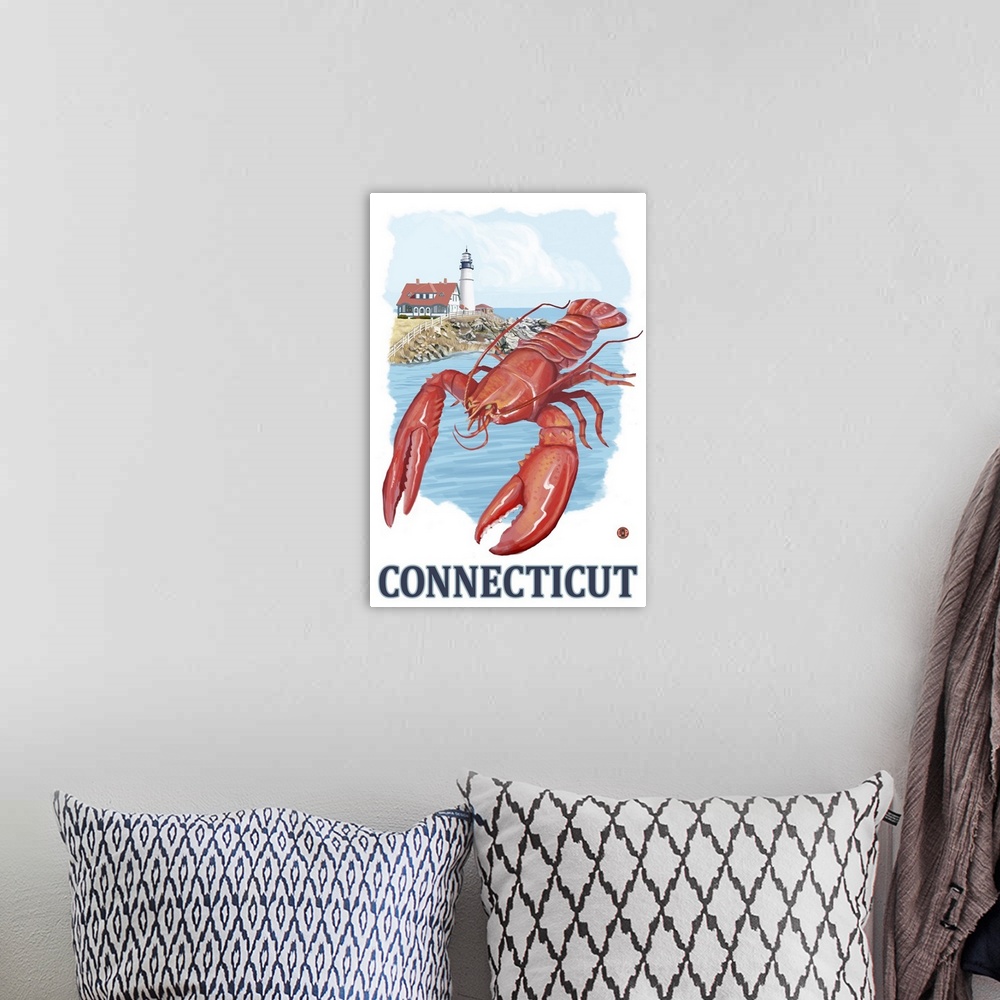 A bohemian room featuring Connecticut - Lobster and Lighthouse: Retro Travel Poster